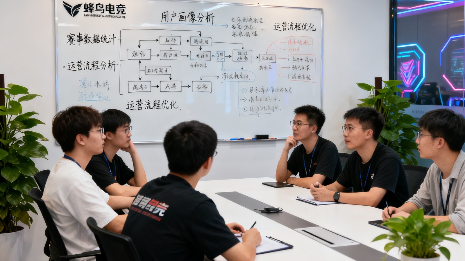 蜂鸟电竞创始团队在深圳科技园办公室围坐在长桌前讨论电竞赛事运营方案，白板上写满赛事数据和流程图，团队成员神情专注投入
