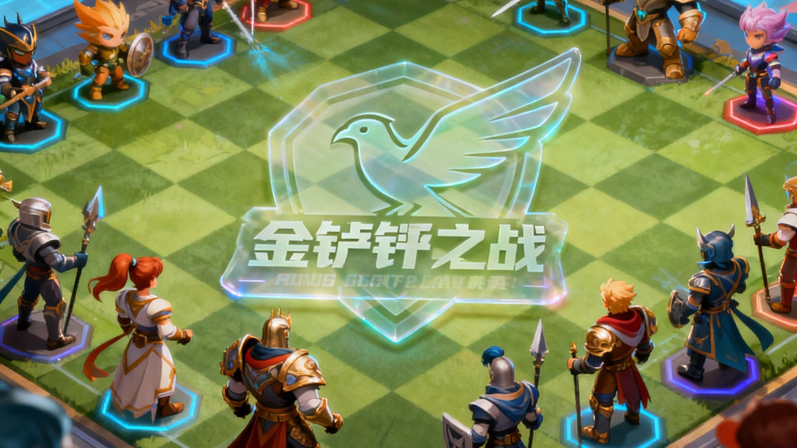 金铲铲之战自走棋赛事画面，棋盘上排列着各式棋子，蜂鸟电竞赛事标识以半透明形式悬浮在棋盘上方