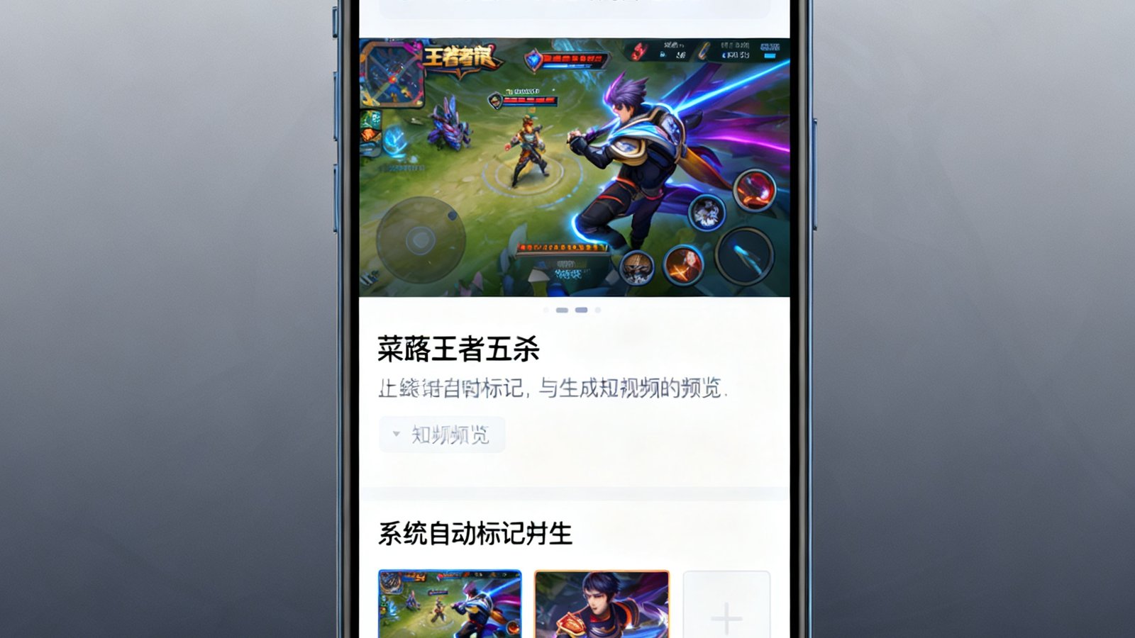 手机屏幕展示蜂鸟电竞AI高光时刻自动截取功能，画面定格在王者荣耀五杀精彩瞬间，系统自动标记并生成短视频预览，带有分享按钮