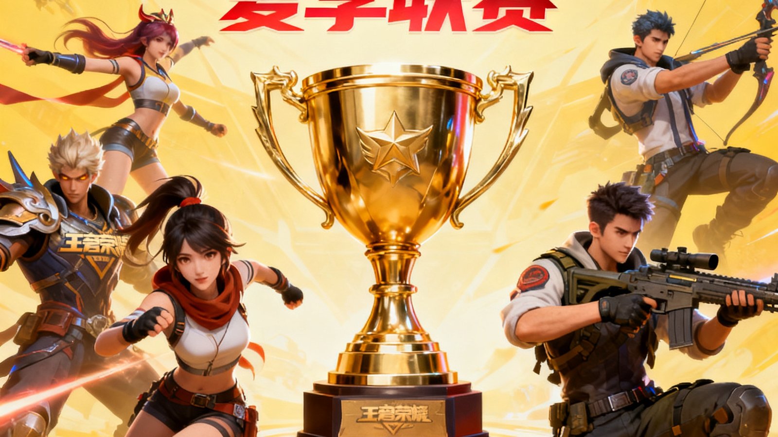 蜂鸟电竞2025夏季联赛宣传海报，金色奖杯居中，周围环绕王者荣耀和和平精英的游戏角色，底部标注总奖金50万元