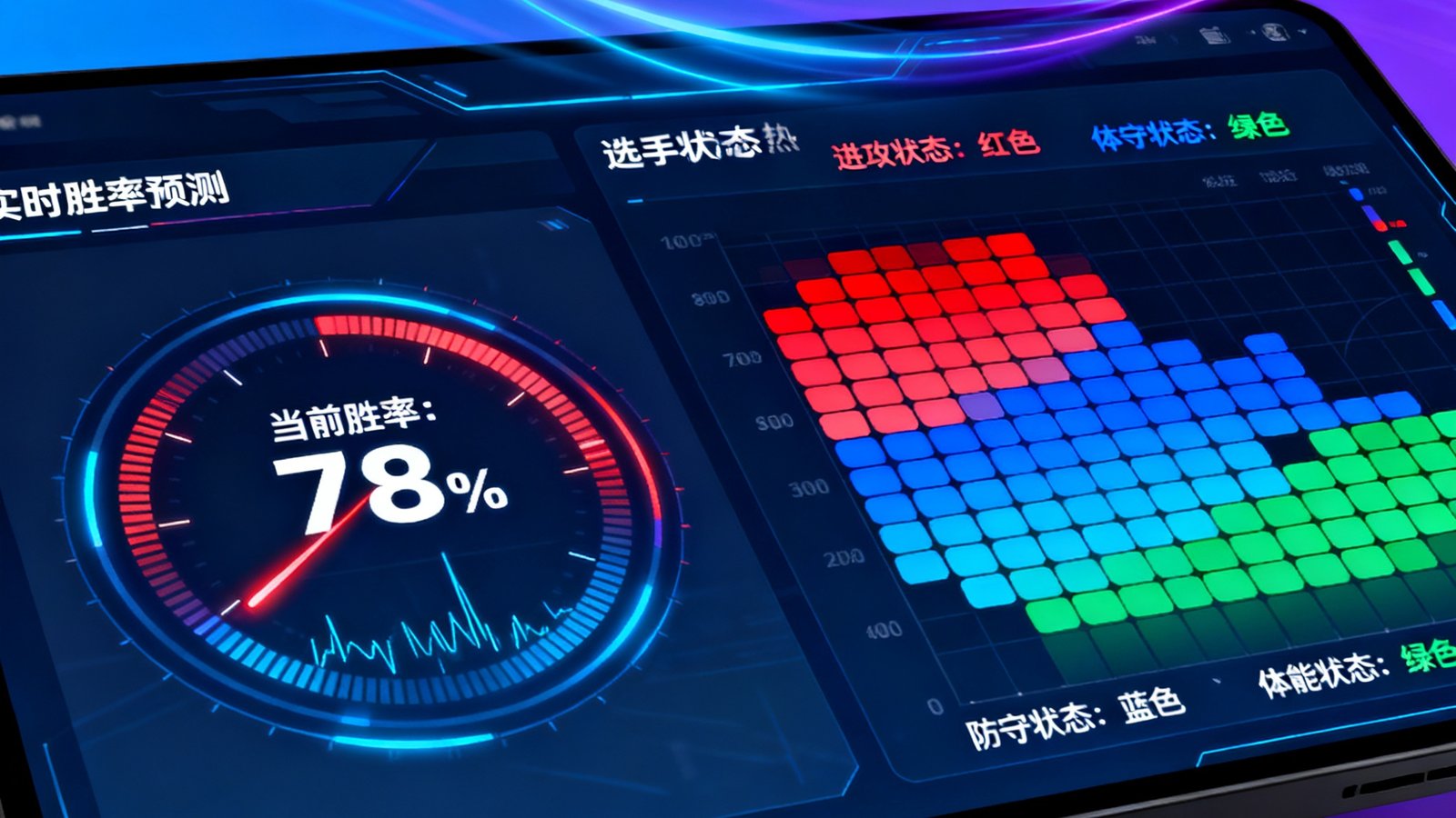 蜂鸟电竞AI数据分析引擎3.0版本界面，展示实时胜率预测仪表盘和选手状态热力图，科技感十足